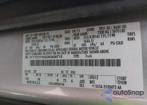 2016 Ford Transit из США, поврежденный, VIN 1FTYE1YM2GKA08715